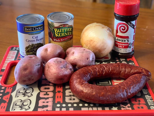 Campfire hash with ring bologna, potatoes, and vegetables